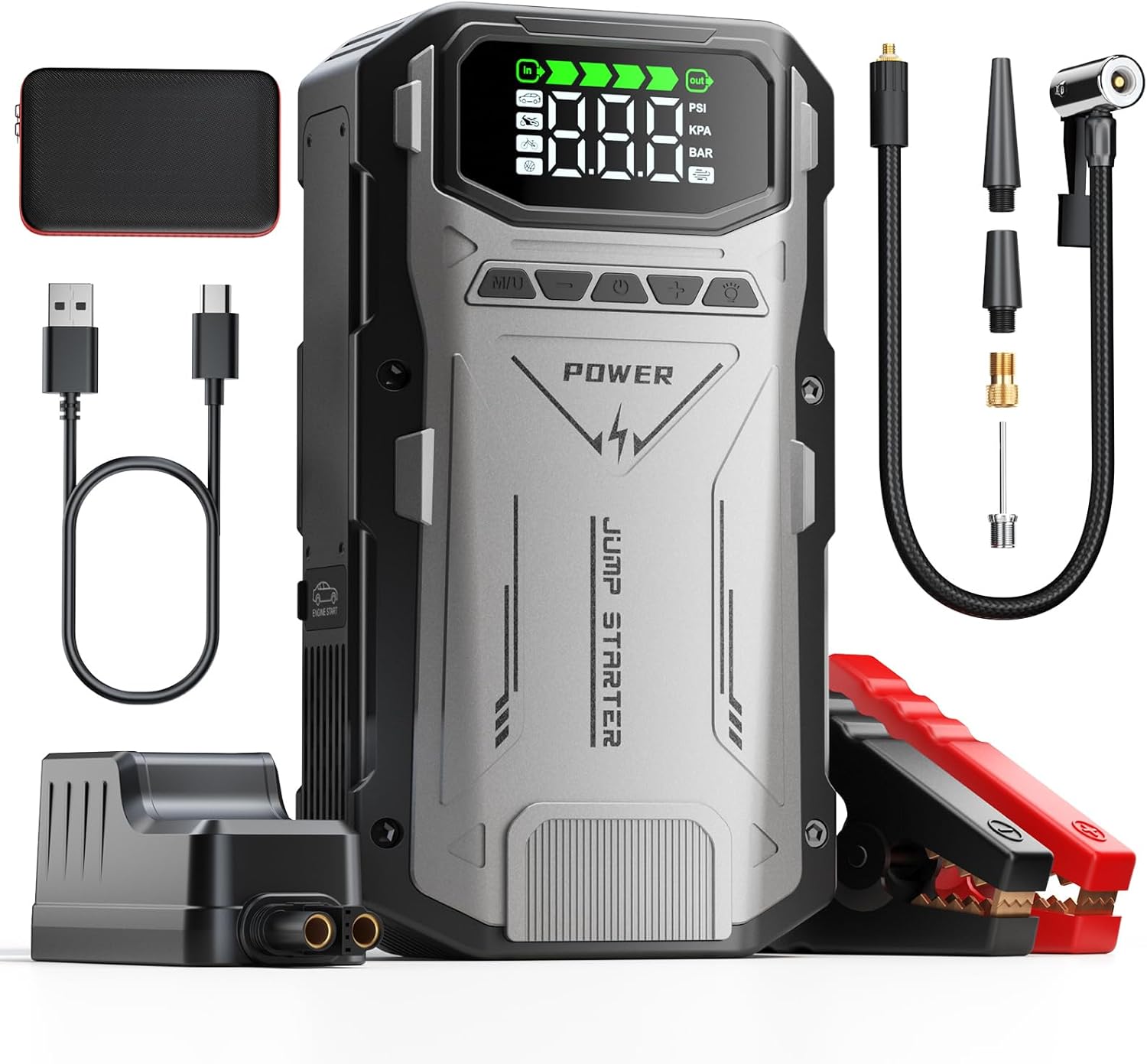 Portable Car Jump Starter with Air Compressor, 2500A Peak Jump Pack for 12V Car Battery with 150 PSI Tire Inflator, Emergency Lights, Power Bank, Jumper Cable & Storage Case