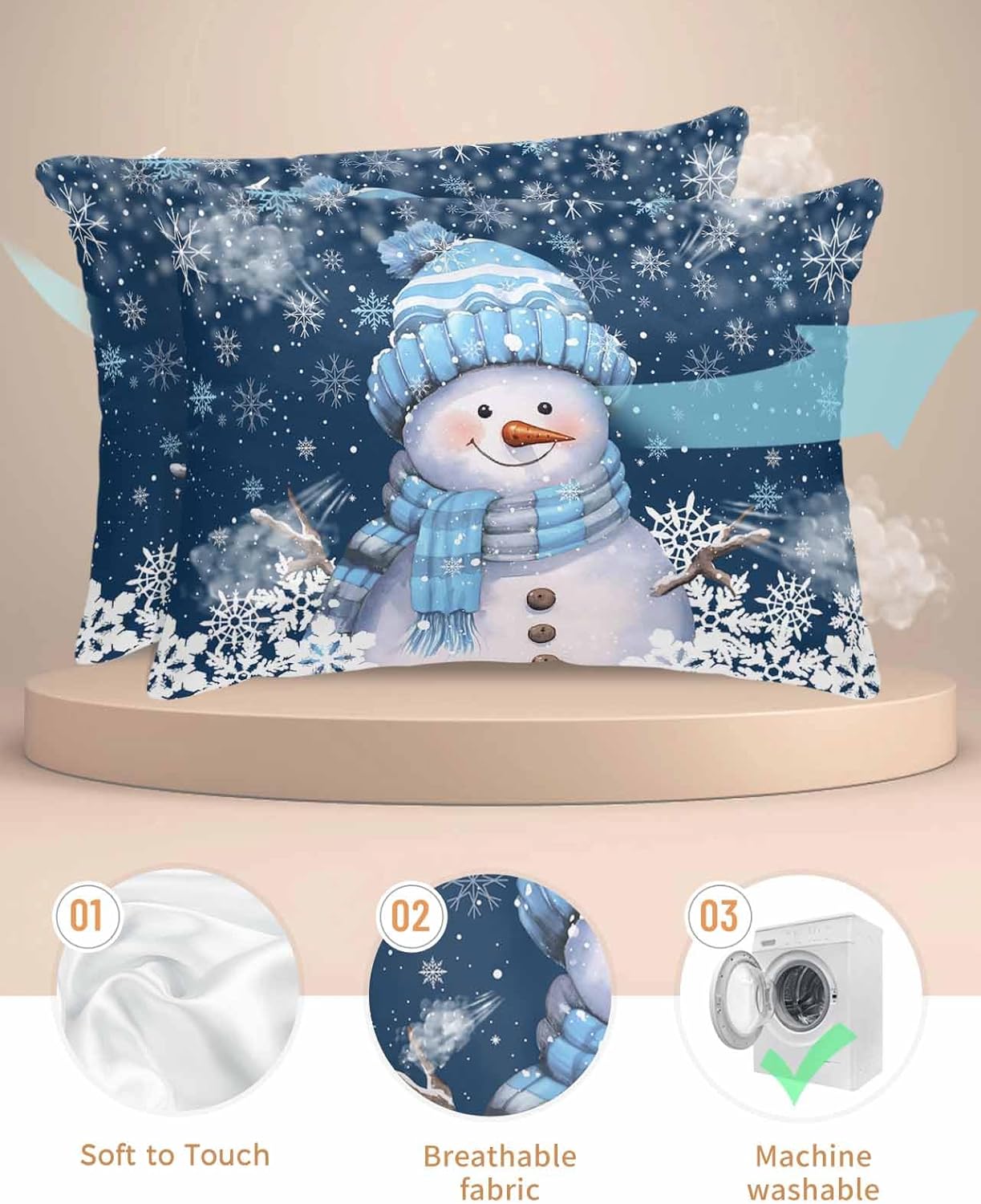 Christmas Pillow Covers, Dark Blue Snowman Snowflake Xmas Satin Pillowcase Super Soft Throw Cushion Covers Seasnoal Winter Holiday Standard Size Pillow Covers, Set of 2 (20 x 26 Inches)