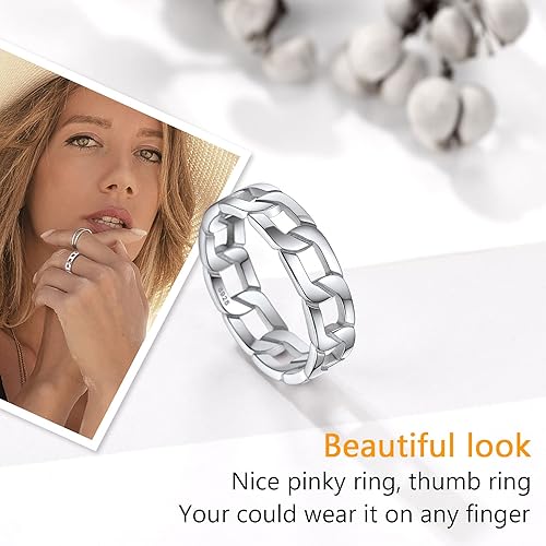 Miniatura 6 de PROSILVER Anillos de plata de ley 925, anillo de boda de 0.496 pulgadas (0.396 pulgadas), anillos triples delicados, anillo de eslabones cubanos,