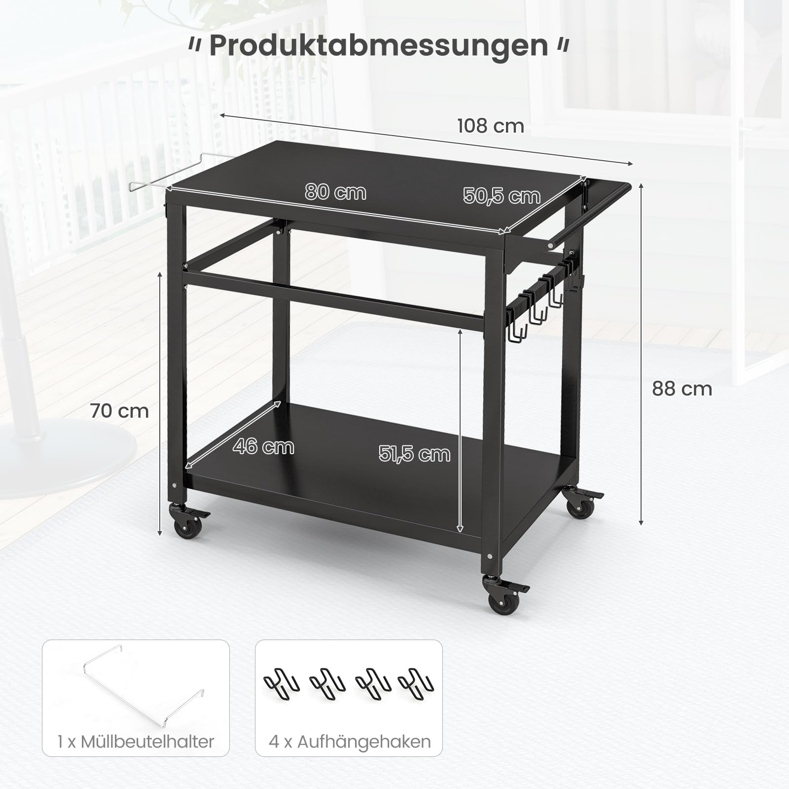 COSTWAY Wózek grillowy, stół grillowy na zewnątrz, stół do pizzy z 2 półkami i 4 kółkami i haczykami, pomocniczy stolik grillowy, wózek do serwowania, wózek ogrodowy do użytku na zewnątrz, 80 x 50,5 x