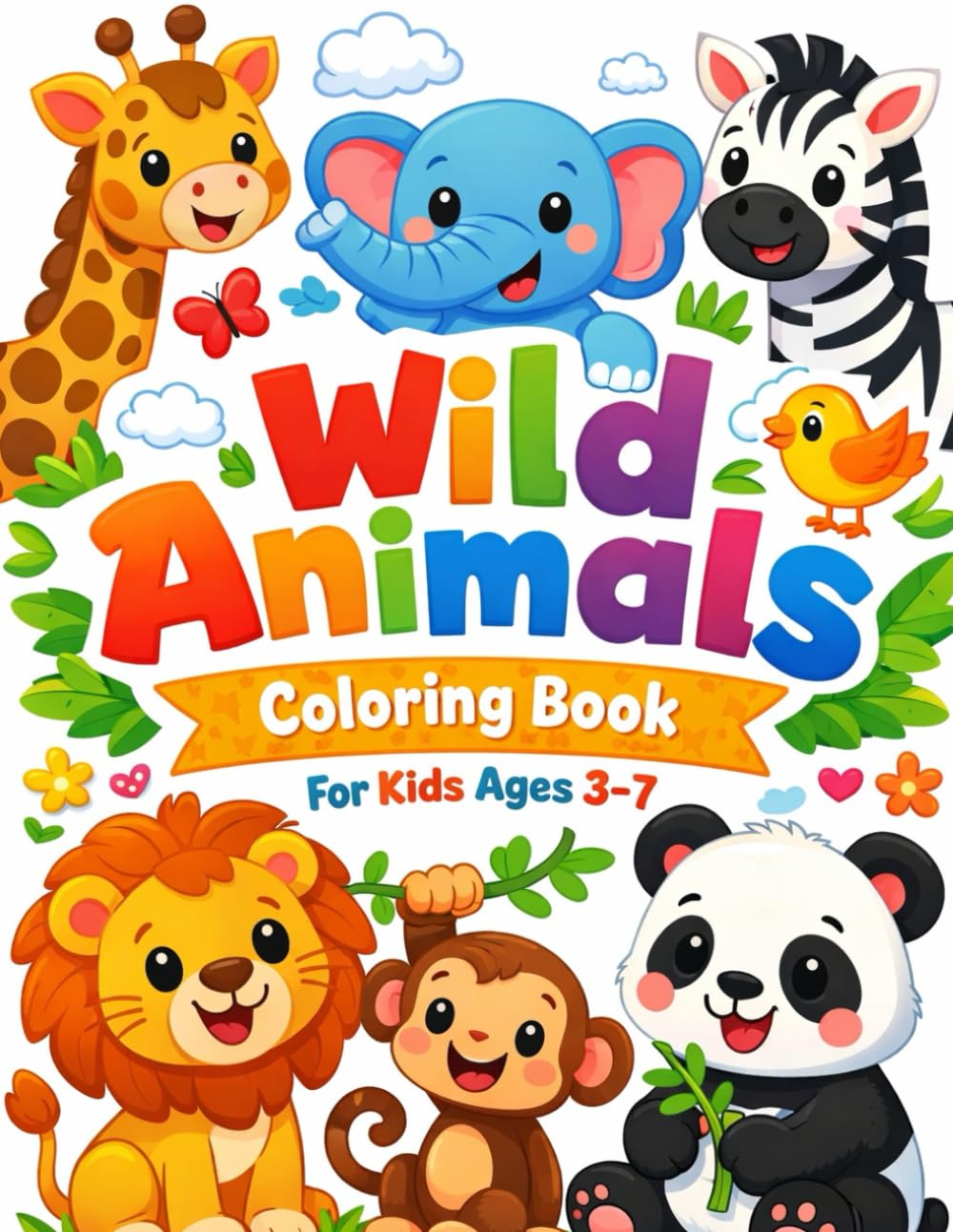 Wild Animals Coloring Book for Kids Ages 3–7: Cute and Easy Coloring Pages for Preschool, Kindergarten & Early Learners