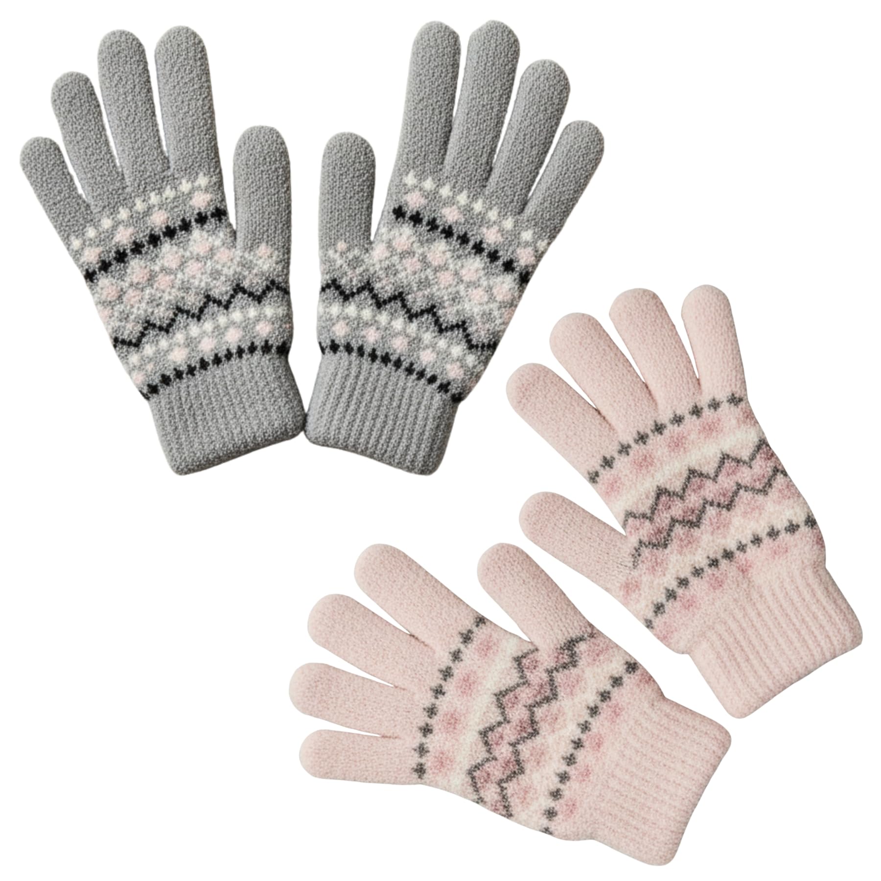 A2z Women's Pack Of 2 Gloves 2 Pack Fairisle Knitted Warm Winter Chenille Gloves Full Fingers Fuzzy Stretchy Knitted Snow Mittens Walking Riding Driving Warm Gloves One Size Fits All