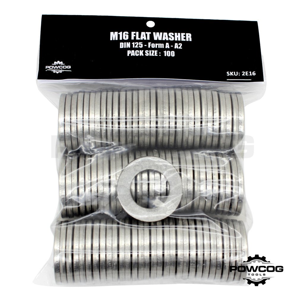 M16 Flat Washer - A2 Stainless Steel Thick Grade 304 Metric Grade - Form A DIN 125 - by POWCOG® - Pack of 100