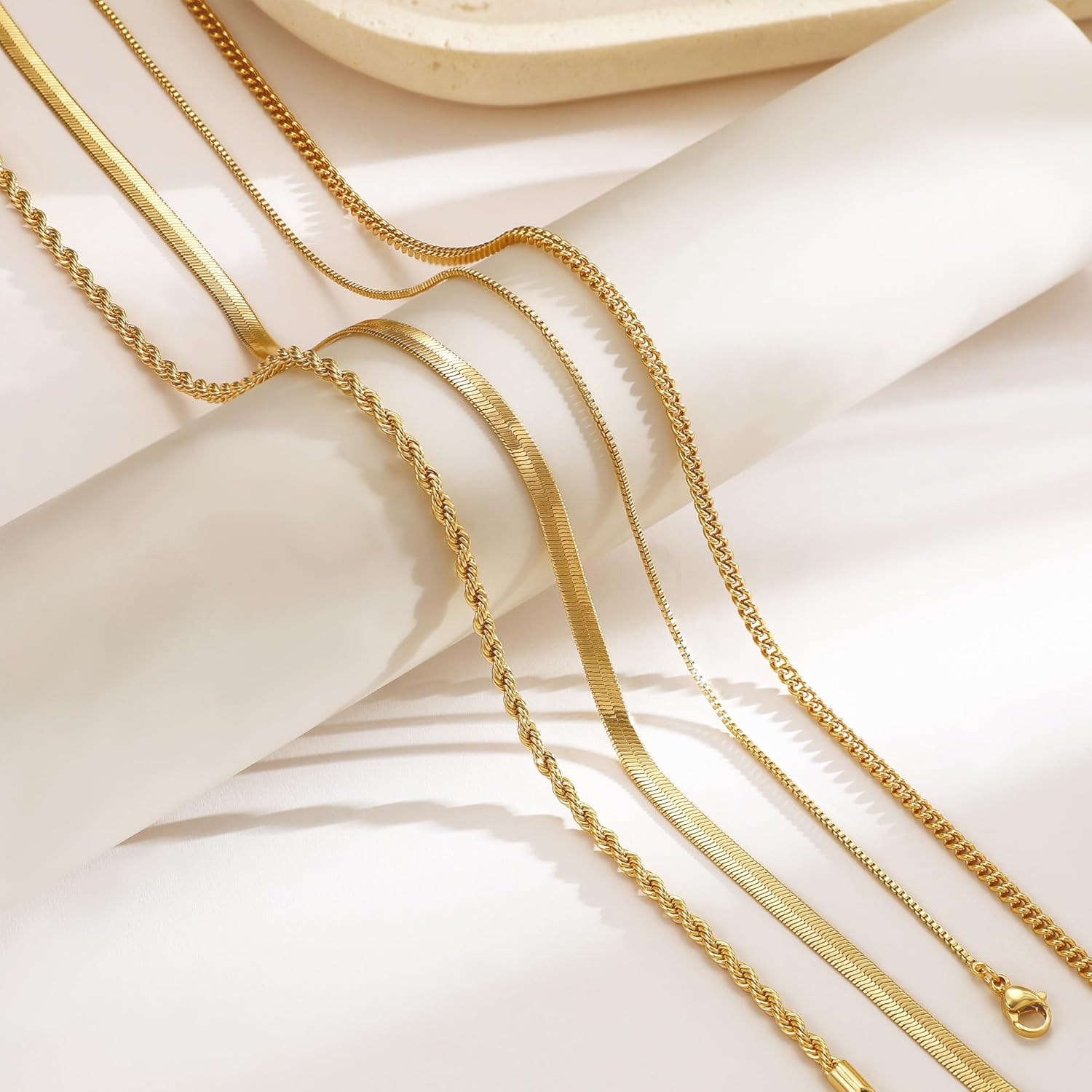 Tewiky Layered Necklaces for Women Non Tarnish- Chunky 14k Gold Plated Herringbone/Snake/Rope/Box/Cuban Link Chain for Women Waterproof Layering Stack Choker Necklace Trendy Dainty Tarnish Free Jewelry Set - Image 6