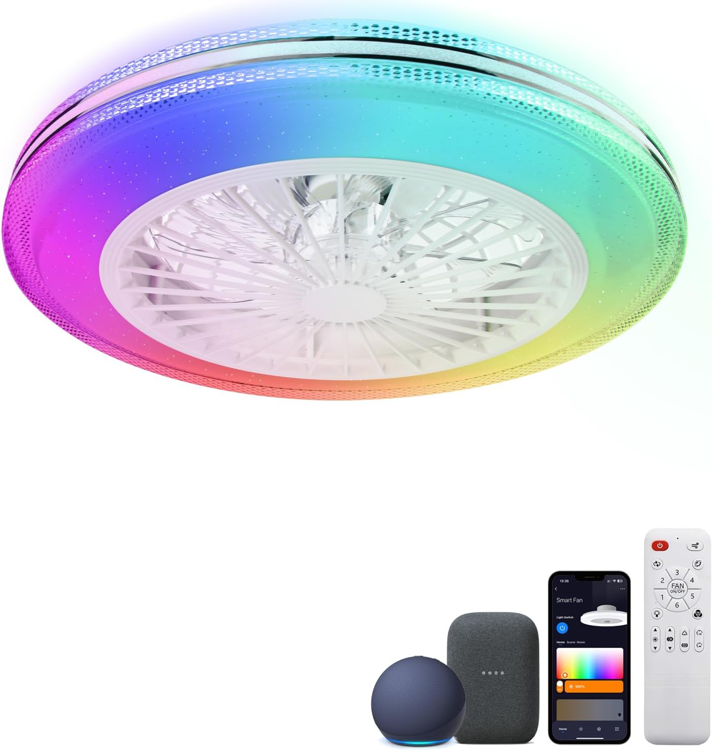 RGB Ceiling Fans with Lights 20″ Fandelier Low Profile Smart Ceiling Fan with Light, Flush Mount Ceiling Fan Light with Remote/APP/Alexa/Google Home
