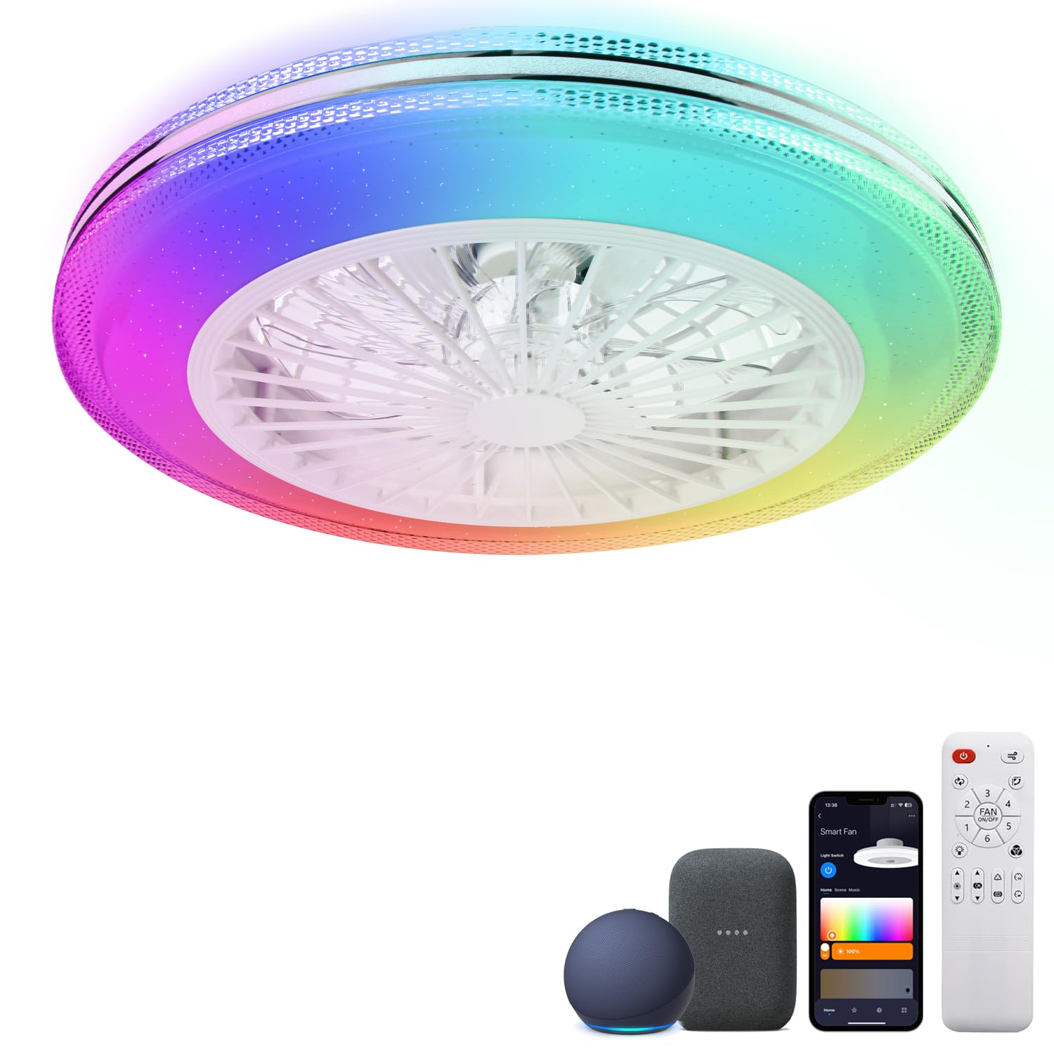WUTGHUI RGB Ceiling Fans with Lights 20" Fandelier Low Profile Smart Ceiling Fan with Light, Flush Mount Ceiling Fan Light with Remote/APP/Alexa/Google Home
