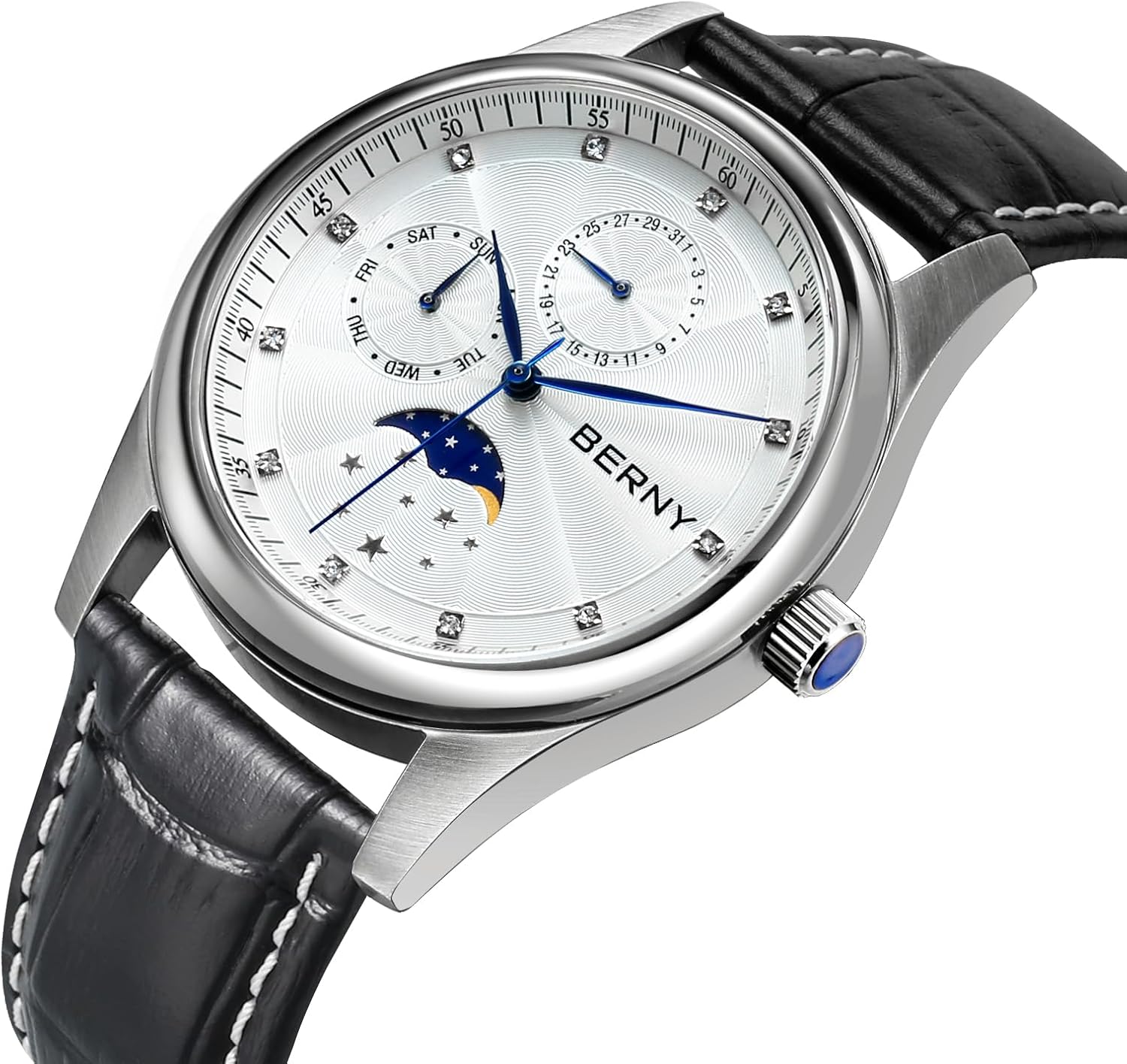 BERNY Womens Multi-Function Watch with Calendar and Moon Phase Watch - Stainless Steel Case and Leather Band