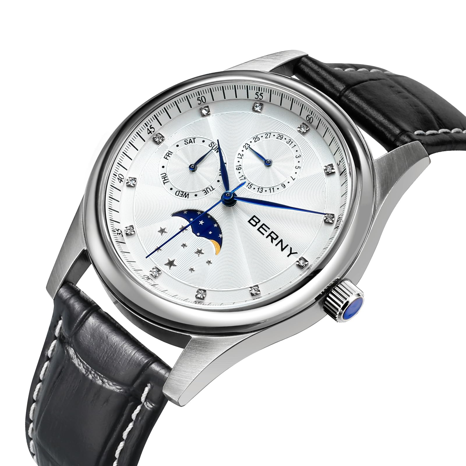 BERNY Relojes Multifunción para Mujer Relojes de Señora Resistentes al Agua con Correa de Cuero Genuino Relojes de Moda Femeninos con Subesfera Calendario y Fase Lunar