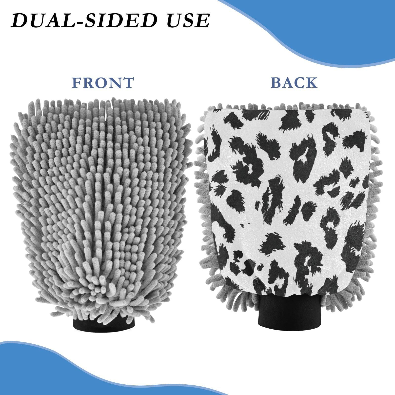 ALAZA Black & White Leopard Print Cheetah Car Wash Mitt Scratch Free, 2 Pack Absorbent Microfiber/Chenille Washing & Drying Mitts, M