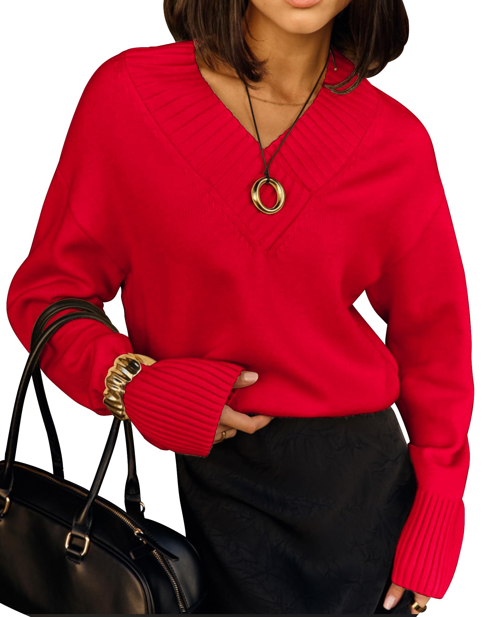 Womens Long Sleeve V Neck Sweaters 2025 Fall Casual Classic Soft Loose Fit Basic Pullover Jumper Top Winter