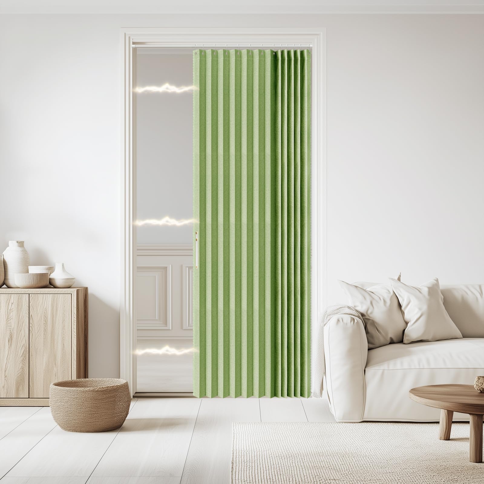 Jilron Accordian Door Curtain, 100% Blackout Folding Magnetic Doorway Curtains,Linen Style Closet Doors,for Room Divider,Privacy Protection(W52 x L78,Green,1 Panel)