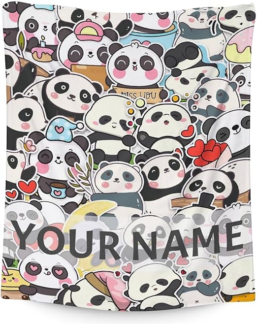 Personalized Panda Blanket Gifts with Name - 30"x40" Cute Throw Blanket for Kids, Adults - Black Soft Fuzzy Blankets for Couch & Sofa