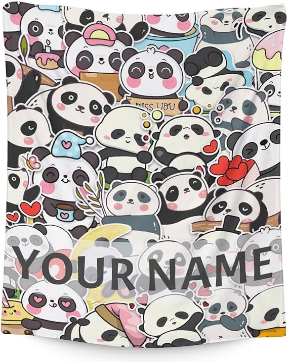 Personalized Panda Blanket Gifts with Name - 30"x40" Cute Throw Blanket for Kids, Adults - Black Soft Fuzzy Blankets for Couch & Sofa