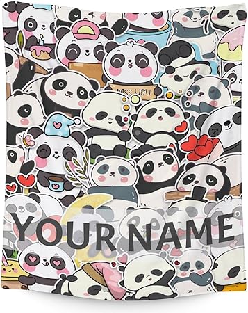 Personalized Panda Blanket Gifts with Name - 30"x40" Cute Throw Blanket for Kids, Adults - Black Soft Fuzzy Blankets for Couch & Sofa
