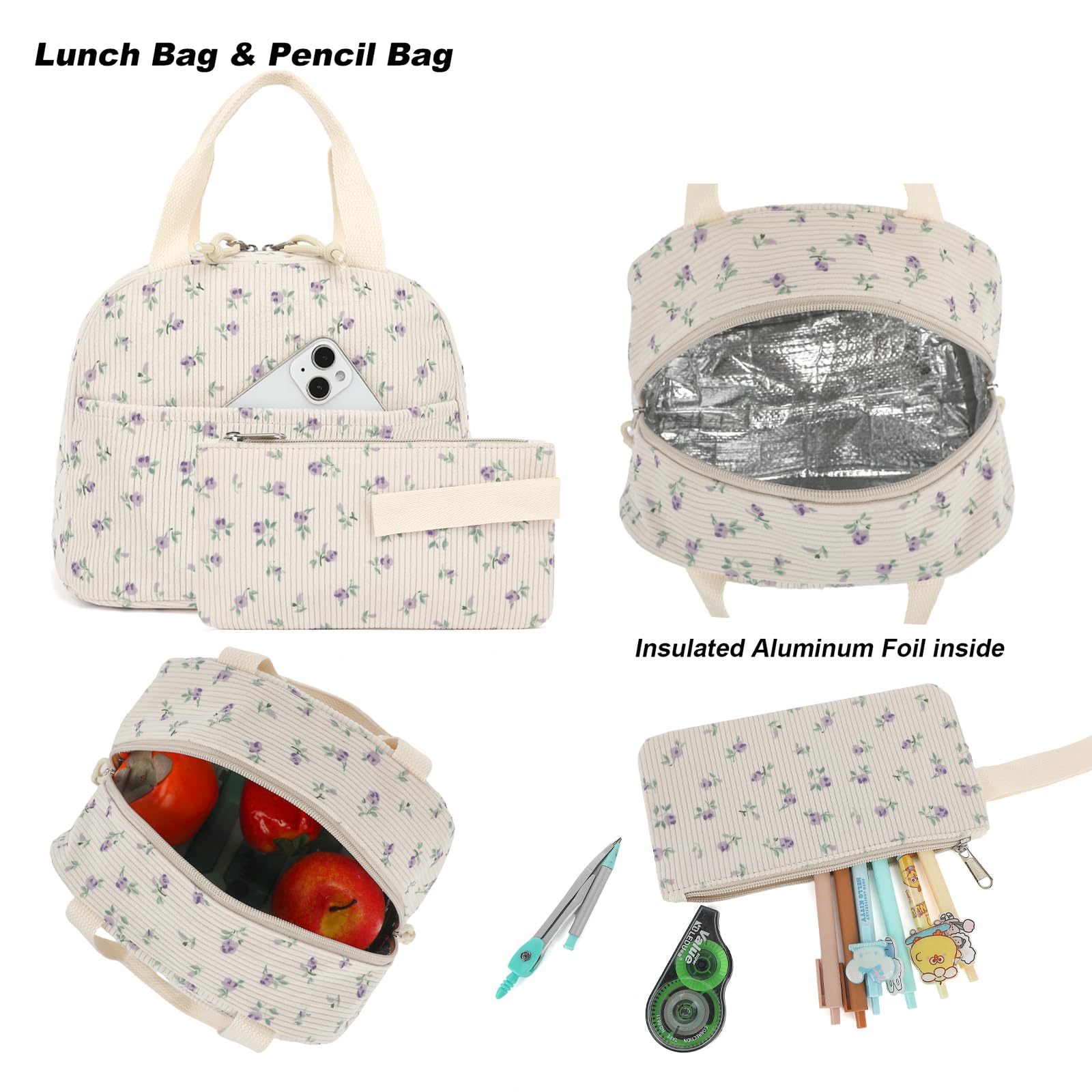 Corduroy Mädchen-Rucksack-Set, 3-teilig, Schulrucksäcke für Kinder, Grundschultaschen mit Lunchbox, Federmäppchen, Beigefarbener Kordsamt, Blumenmuster, Violett, 12.2"L x 6.7"W x 16.9"H