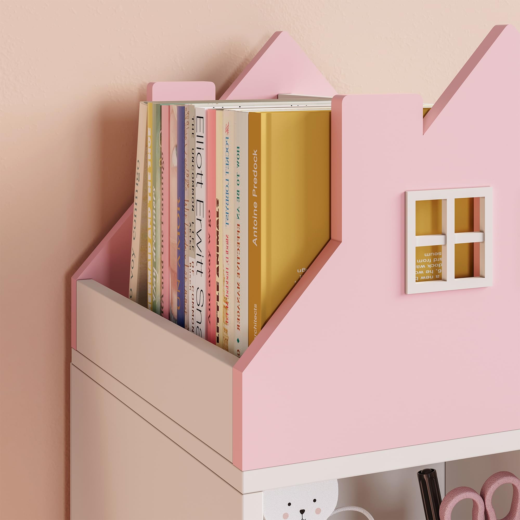 [en.casa] Estantería Infantil Vipsali en Forma de Casa con Banco 4 Compartimentos Abiertos 2 Cajas Plegables 1 Cajón Librería para Niños Niñas 100 x 99 x 30 cm - Rosa/Blanco