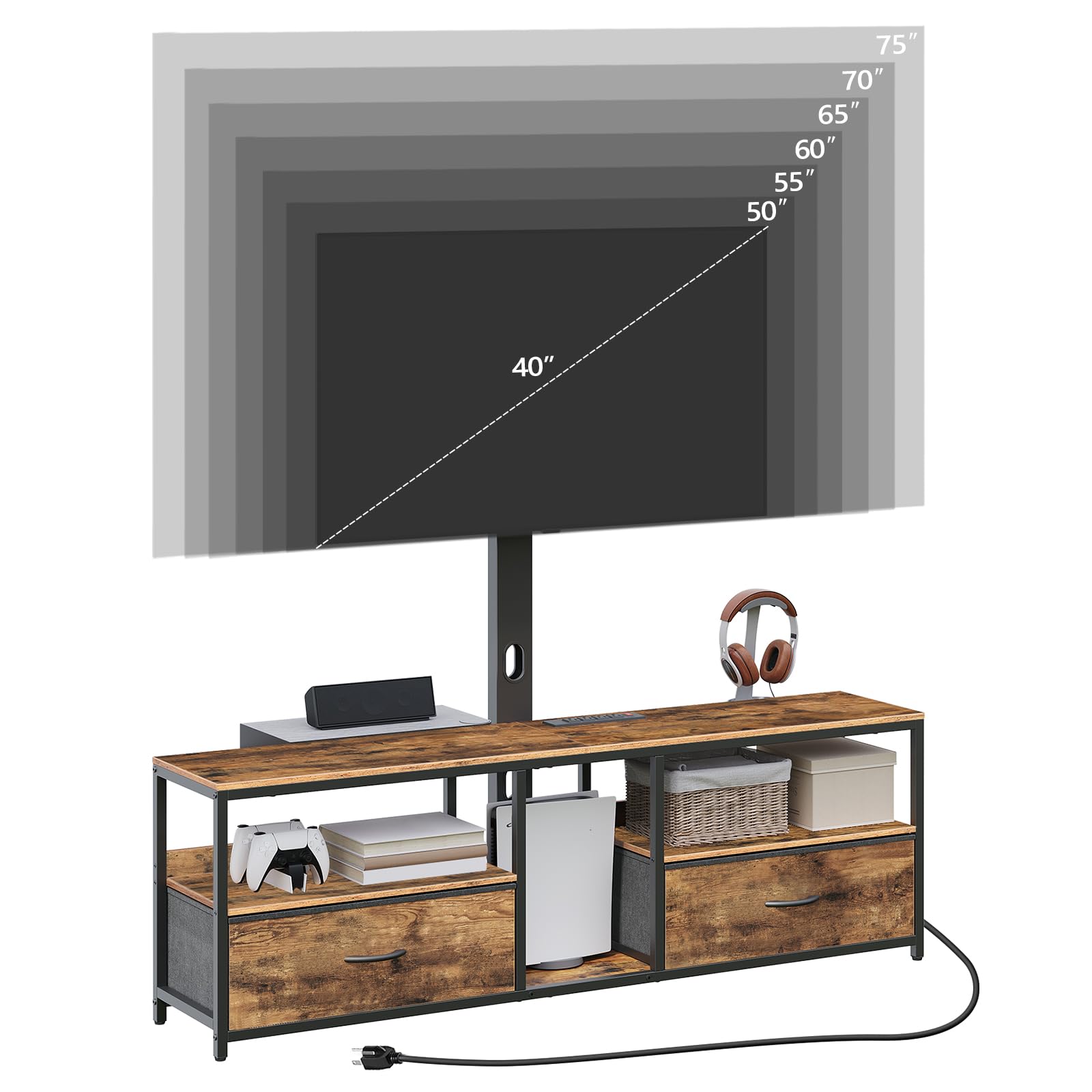 TV Stand with Mount for up to 75", Entertainment Center with Switch-Controlled Charging Station, Swivel TV Stand Mount with Fabric Drawers, for Living Room, Rustic Brown TVHR154E01N1