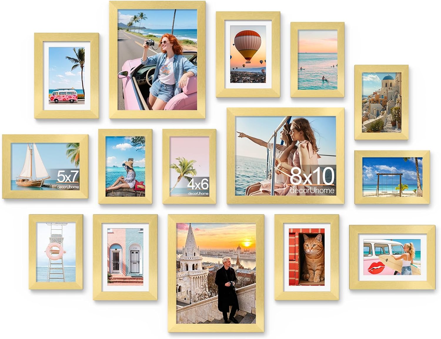 decorUhome 15 Pack Assorted Picture Frame Set for Wall & Tabletop, PF15BN | Brown, Includes Three 8x10 / Six 5x7 / Six 4x6 Multi Size, MDF Frame with Plexiglass Cover