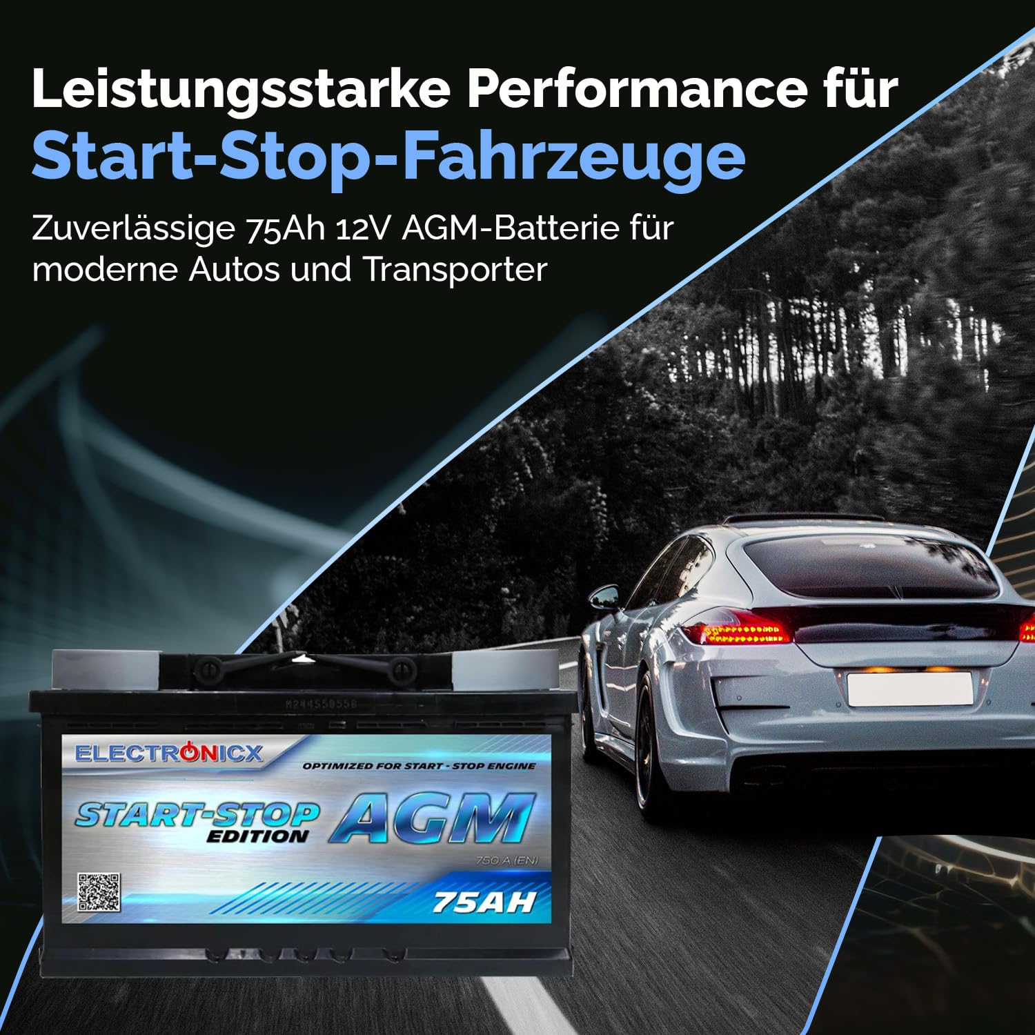 Electronicx AGM Autobatterie 75Ah 12V – wartungsfrei, versiegelt, vibrationsgeschützt, Start-Stopp geeignet, Hochleistungs-Starterbatterie 750A EN, 75 Ah AGM KFZ Batterie, kompakt, zuverlässig, sicher