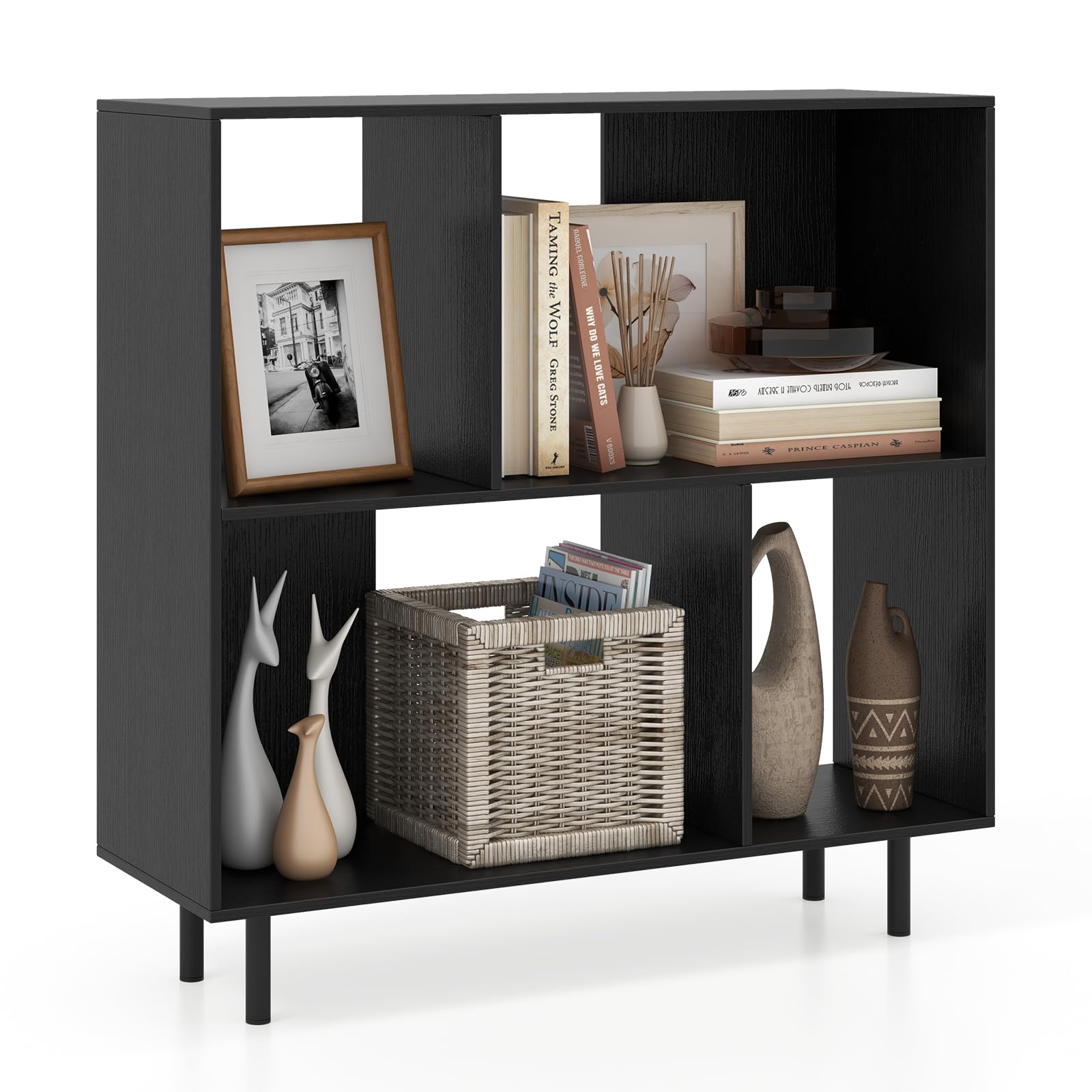 COSTWAY 4/6 Cube Storage Bookcase, Wooden Freestanding Bookshelf Side Cabinet with Metal Legs, Home Display Rack Organizer Unit for Living Room Hallway (Black, 90 x 30 x 90cm)