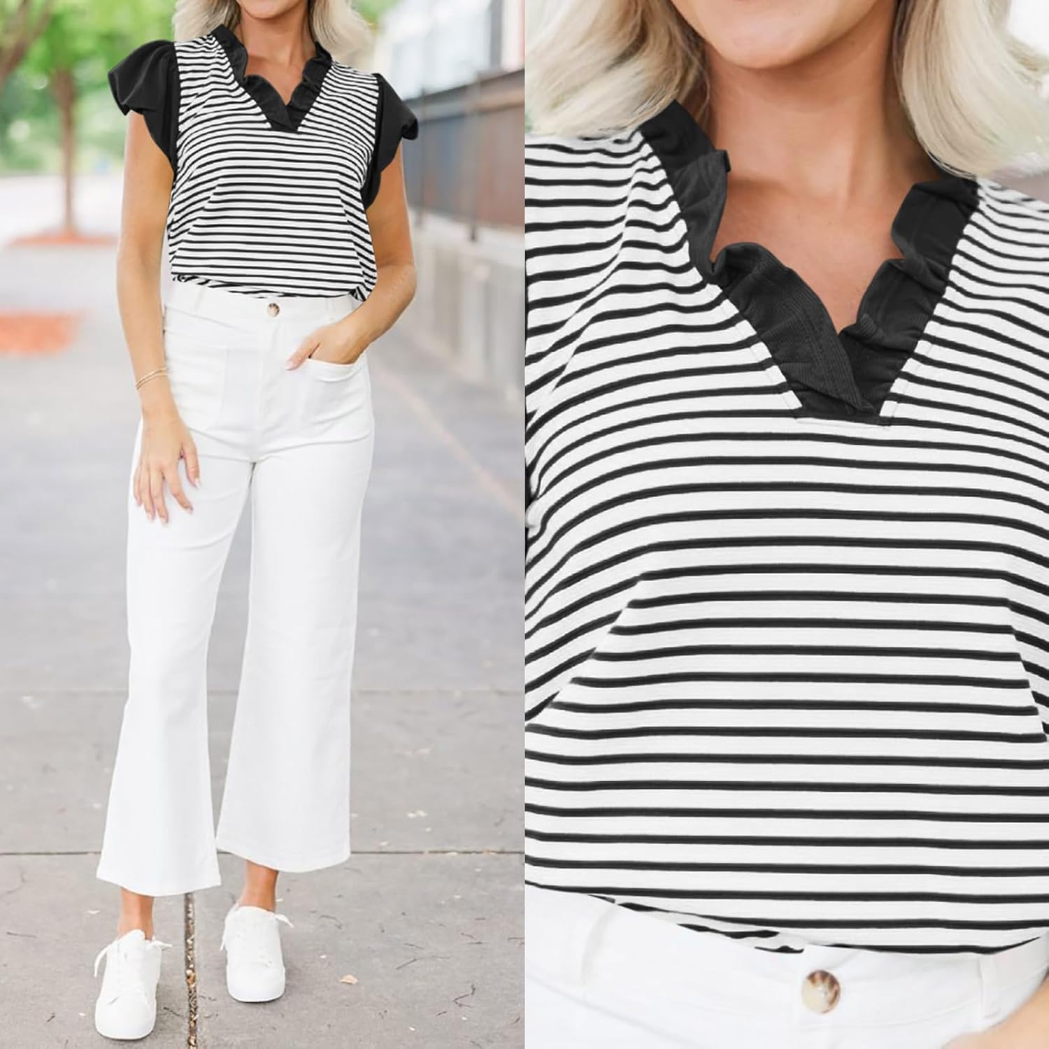 Tankaneo Womens Ruffle Cap Sleeve Tank Tops Summer Casual Cute Color Block Striped Tshirts Pleated V Neck Shirts - Image 2