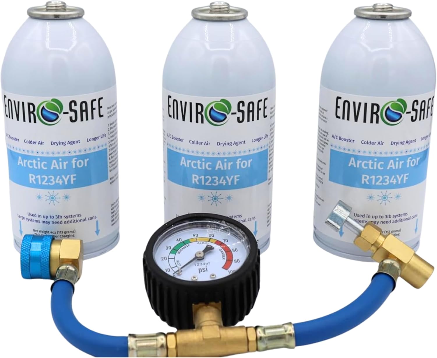 ENVIRO-SAFE Arctic Air for R1234YF Systems, Refrigerant Support R-1234yf 3 cans & Charging Hose