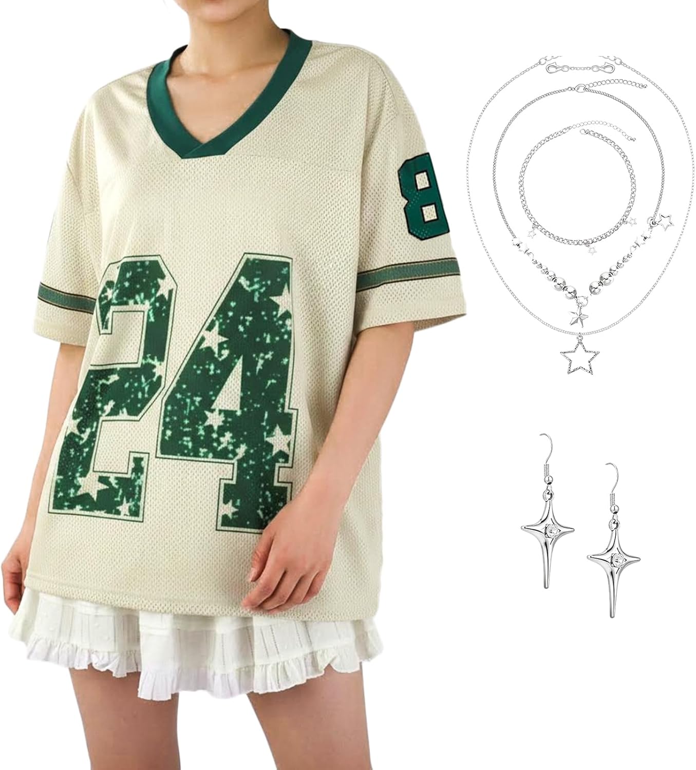 Jerseys Graphic Tee Shirts for Women Men Oversized V Neck Y2K Streetwear T-Shirt Sports Tops with Necklace Earrings