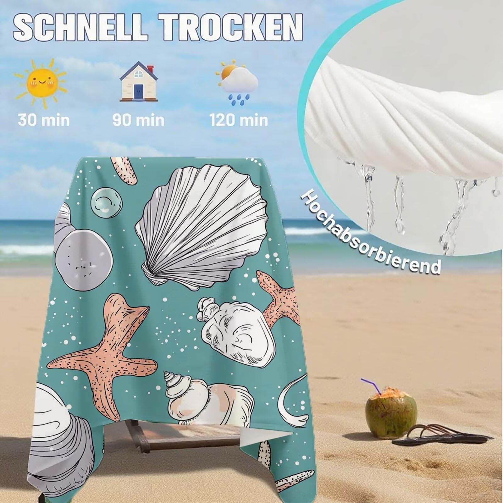 Toallas de Playa Microfibra Concha Toalla Playa Grande 100 x 180 cm Mujer Hombre Secado Rápido Absorbente Toallas Gimnasio Suave Sin Arena Toalla Microfibra para Playas Piscina Viajes Camping Q-693