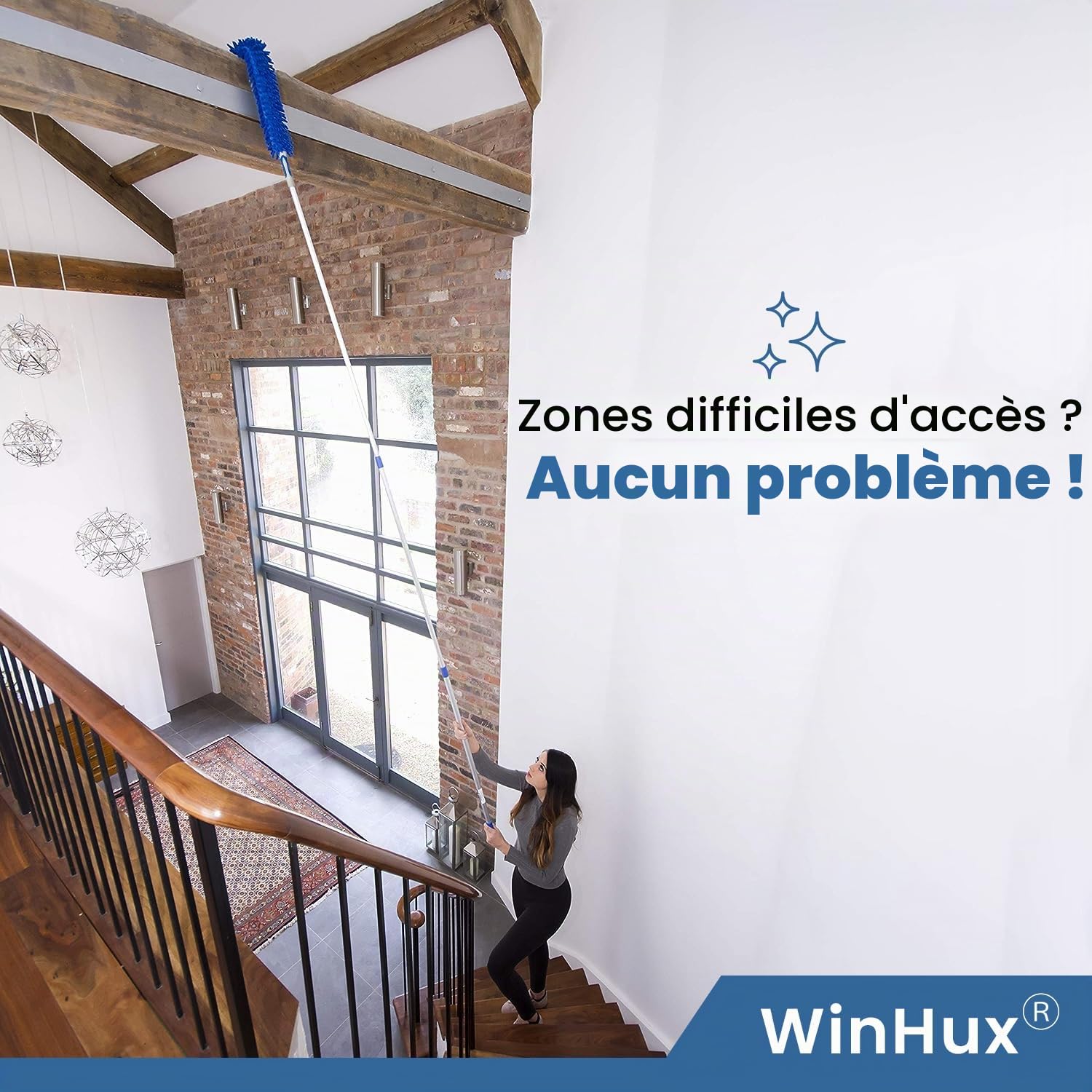 WinHux Plumeau Chenille Télescopique 3,47 m — Manche Extensible Aluminium, Tête Chenille Pliable et Lavable pour Plafonds Hauts, Toiles d'Araignée, Ventilateurs