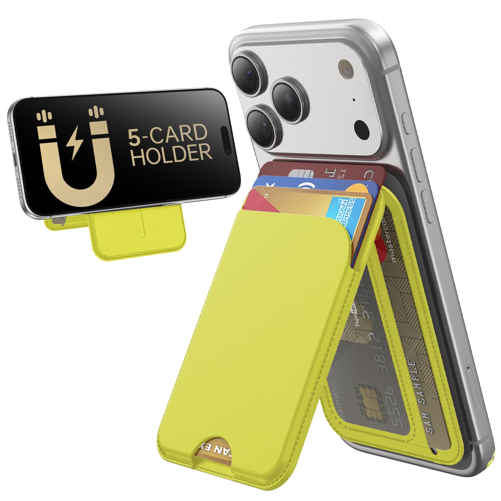 TWZKG for MagSafe Wallet, 5-Card Holder with Stand for Phone Case | Magnetic Phone Wallet Stand for iPhone 18 Pro/Pro Max, iPhone 17/16/15/14/13/12 Pro Max Air Plus Series, RFID Blocking,Yellow