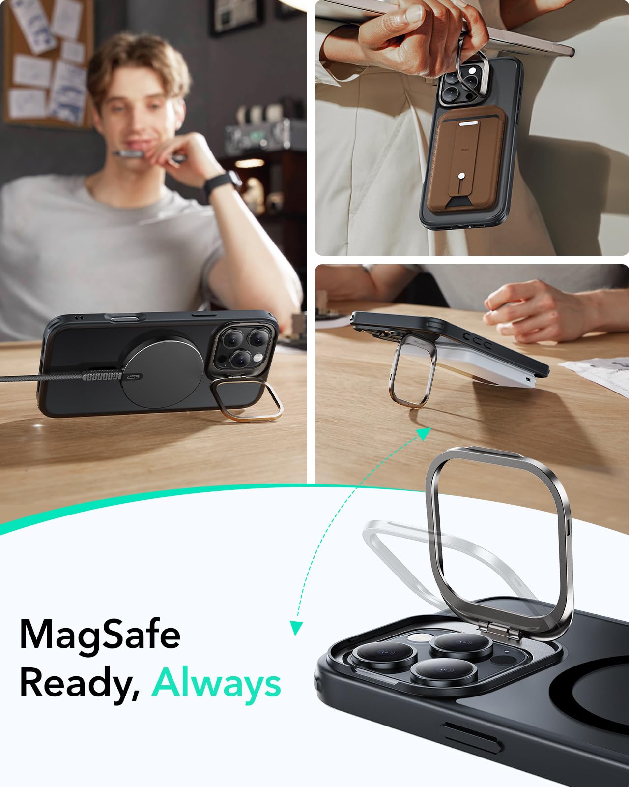ESR Cover per iPhone 16 Pro Max con Cavalletto, Magsafe Custodia con Halolock, Protezione di livello militare, Supporto ad anello per la fotocamera integrato,Nero Opaco