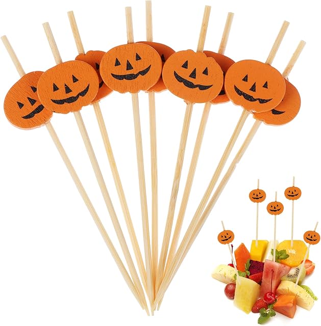 200 Pieces Halloween Pumpkin Cocktail Sticks Wooden Toothpick Pumpkin Ghost Fruit Picks Orange Cake Topper Mini Snack Picks 4.7 Inch Food Picks Appetizer Picks for Party Mini Cake Decorations