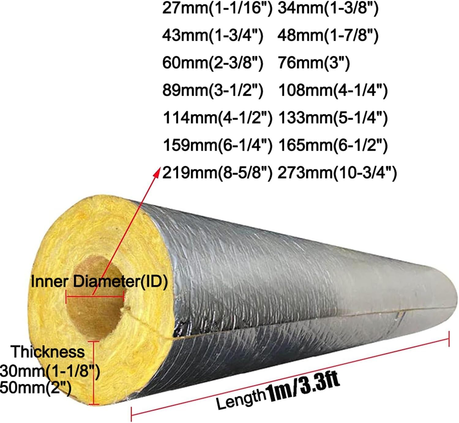 Pipe Insulation Foam Tube,Fire Resistant High Temperature Steam Pipe Insulation Material,Aluminum Foil Self-Adhesive Insulation Pipe,Outdoor Pipe Unsulation,Pipe Insulation(2-3/8"ID X 1-1/8"TK-3.3FT)