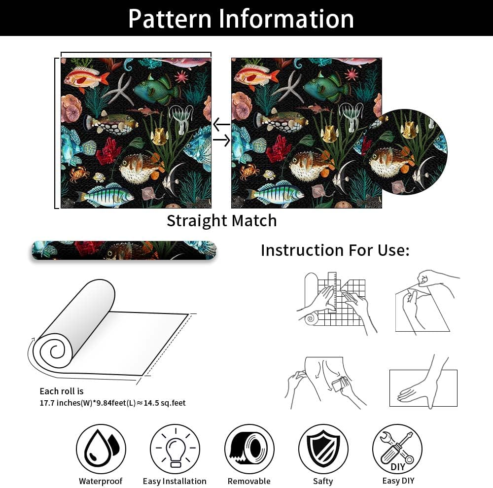 Ocean Fish Black Wallpaper Peel and Stick Wallpaper Underwater World Self Adhesive Removable Easy Peel Off Stick on Wall Paper for Bedroom Cabinet Renter Friendly Accent Wall 17.71"*236.2"
