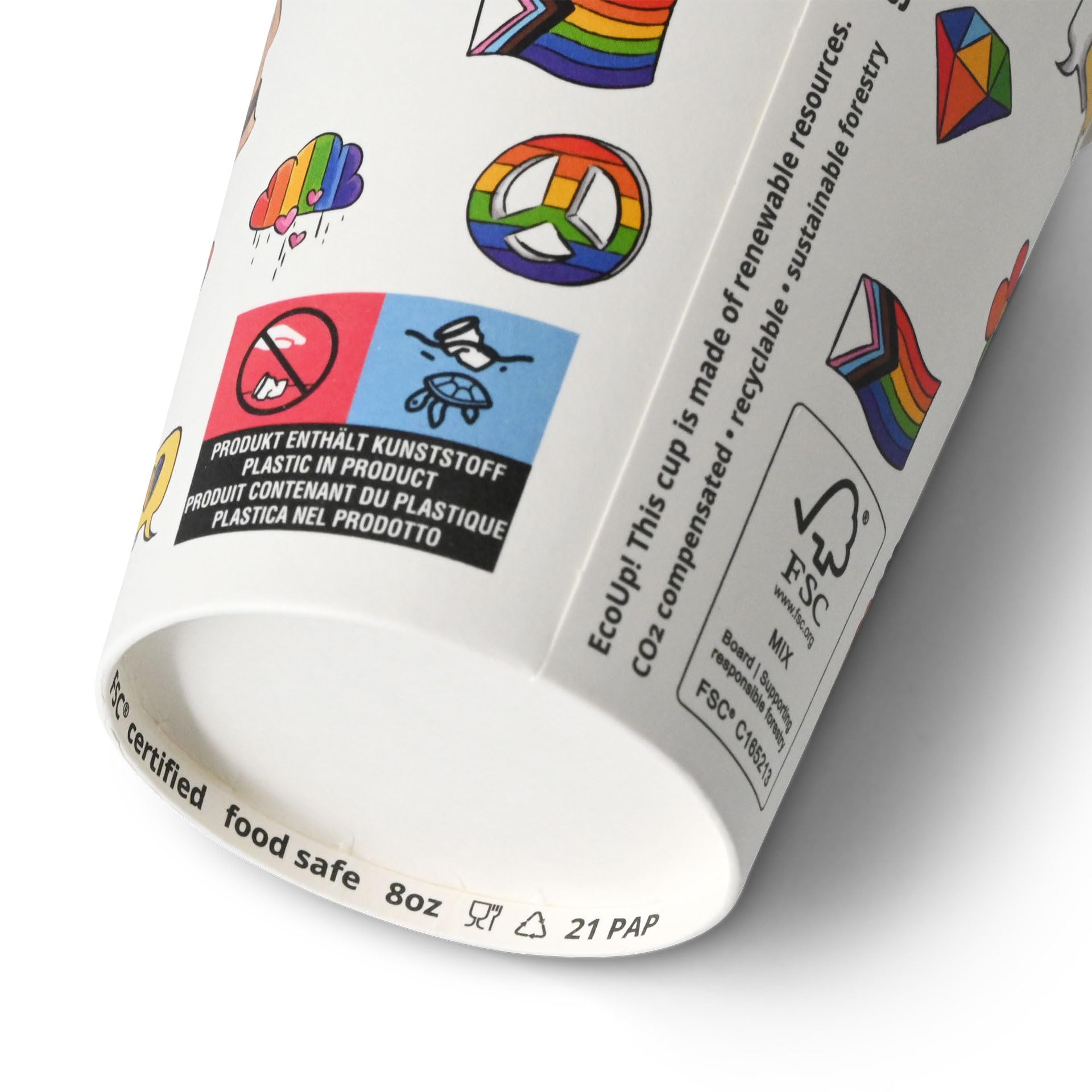 BIOZOYG Bicchieri di carta 1000 pezzi stampati 'Pride' 200ml/8oz, Ø 80mm Bianchi - Rivestiti - Bicchieri da caffè usa e getta - Bicchieri di carta colorati - Ecologici - Eleganti per eventi e feste