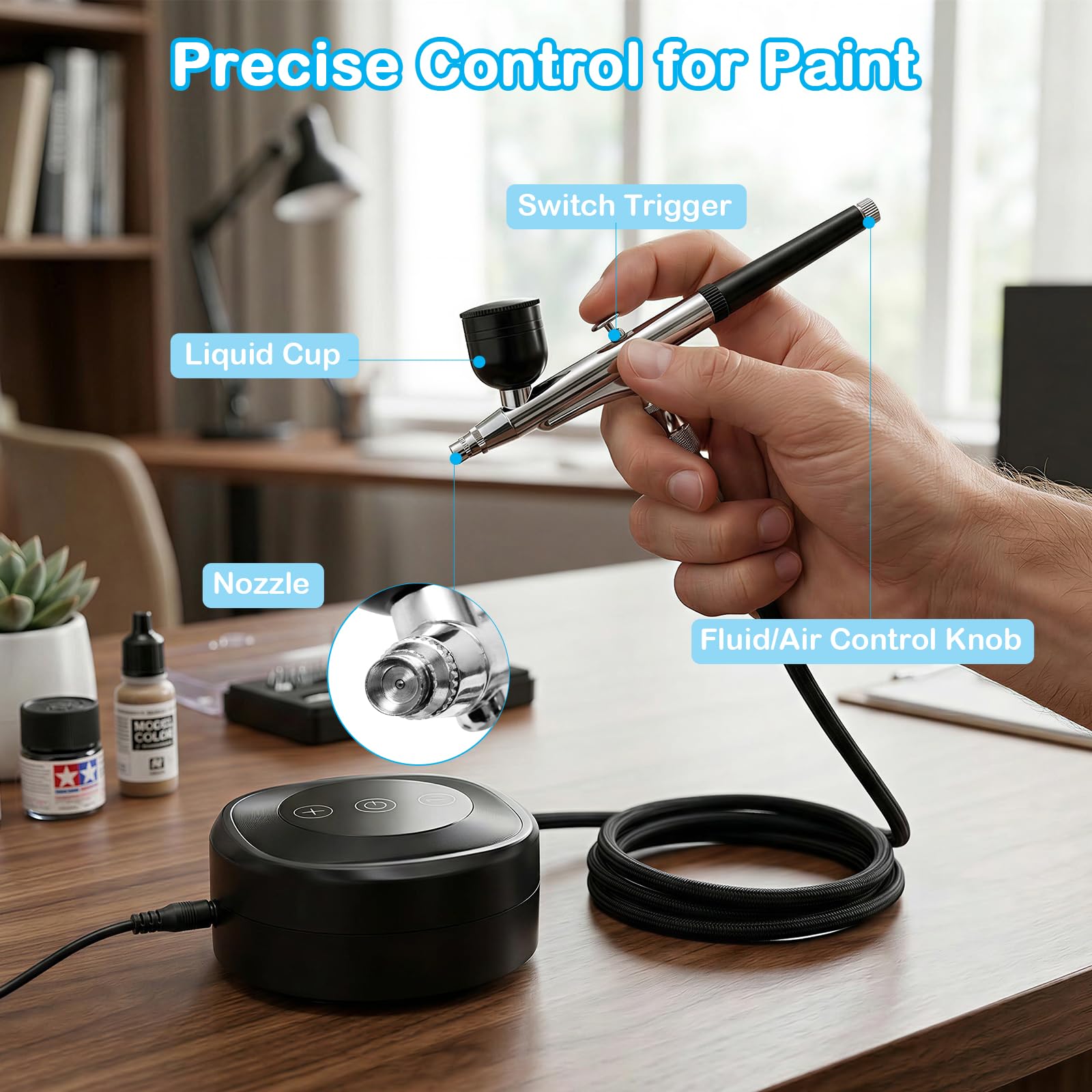 Airbrush Set mit Kompressor, Dual-Action Airbrushpistole mit 3 Druckstufen (25/38/48 PSI), Tragbares Airbrush Kit für Modellbau, Nailart, Make-up, Kuchendekoration & DIY-Projekte
