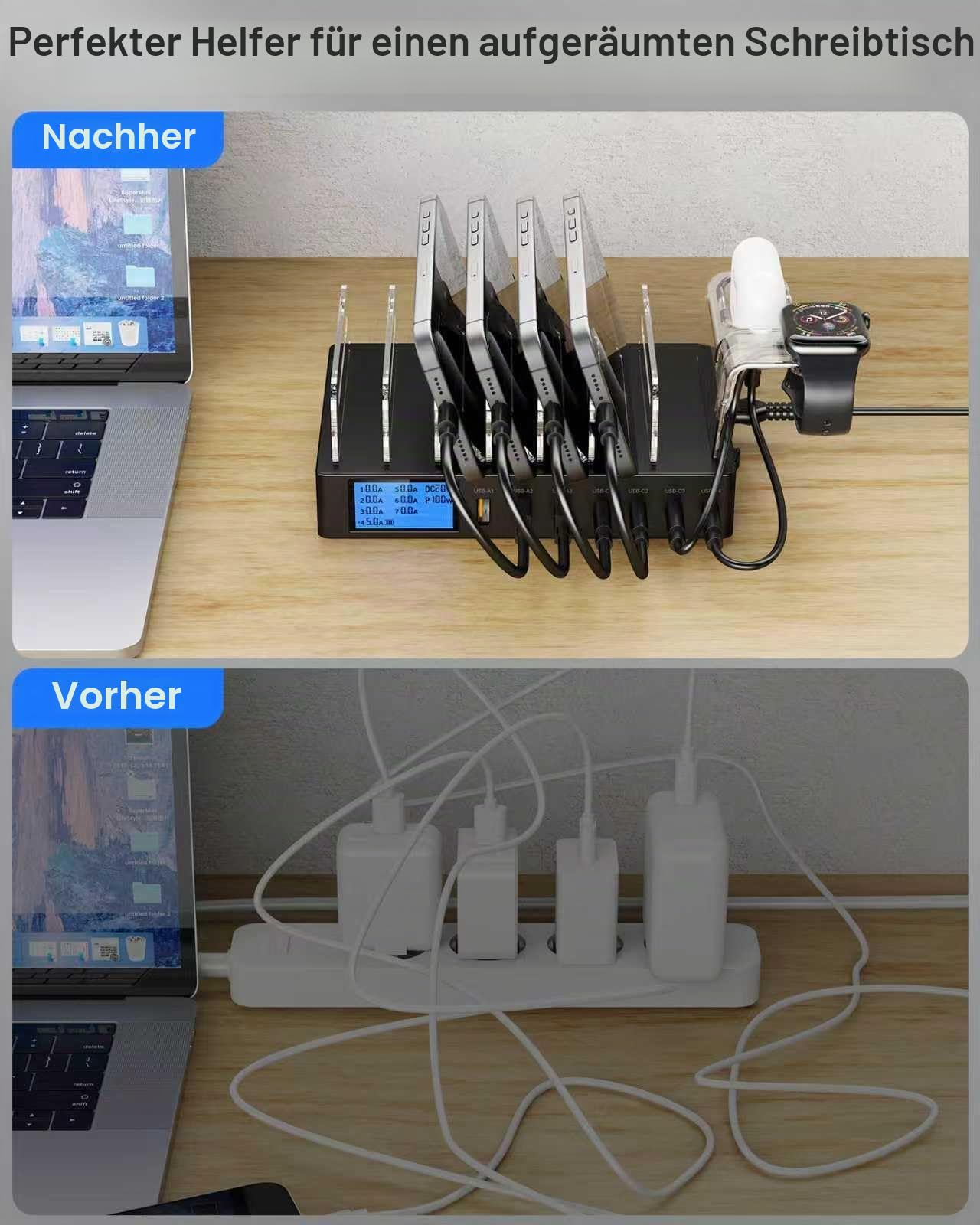 245W Ladestation für Mehrere Geräte, 7-Port USB Ladestation Handy Ladestation mit LCD-Anzeige mit 7 Kabeln und i-Watch Ladegerät Halterung Enthalten, für iPhone, Tablets und Andere Elektronik -schwarz