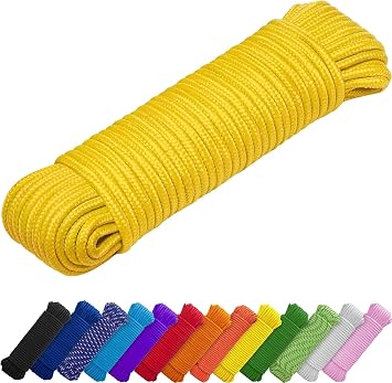TECEUM Rope 90 Feet x 3/8 Inch 10mm Yellow Strong All-Purpose Utility Rope Camping, Crafting, Flag Pole, Indoor & Outdoor Polypropylene Nylon Poly Lightweight Diamond Braided Cord