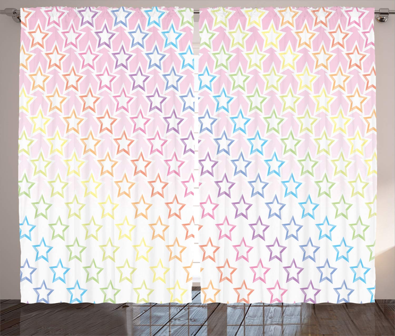 ABAKUHAUS Star Curtains, Stars in Rainbow Colors Galaxy Milky Wayme Teen Nursery Pattern Print, Living Room Bedroom Window Drapes 2 Panel Set, 96 L X 110 W, Pink Multicolor