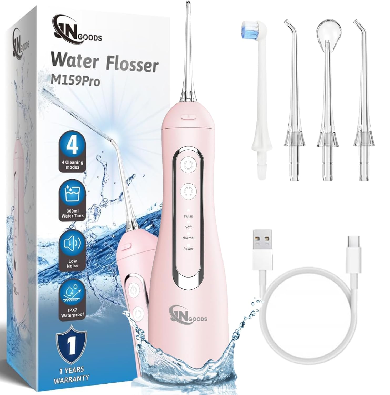 Cordless Water Dental Flosser Oral irrigator JNGOODS 300ml Rechargeable Water flosser for Teeth IPX7 Waterproof 4 Modes Portable