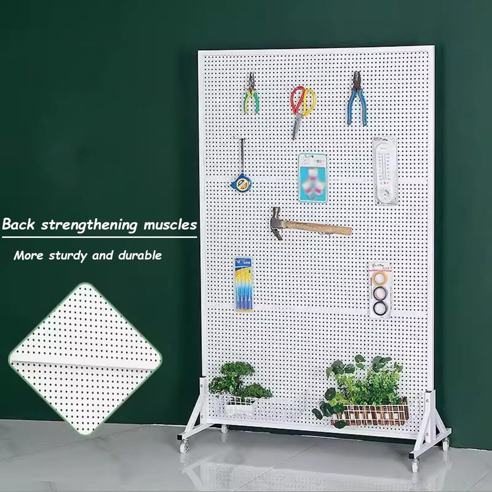 Ruchomy metalowy stojak na pegboard z solidną podstawą i kółkami stojak ekspozycyjny do rzemiosła detalicznego, dodatkowe 20 haczyków w zestawie, trwałe białe panele 60 x 120 cm dla łatwej nizacji i