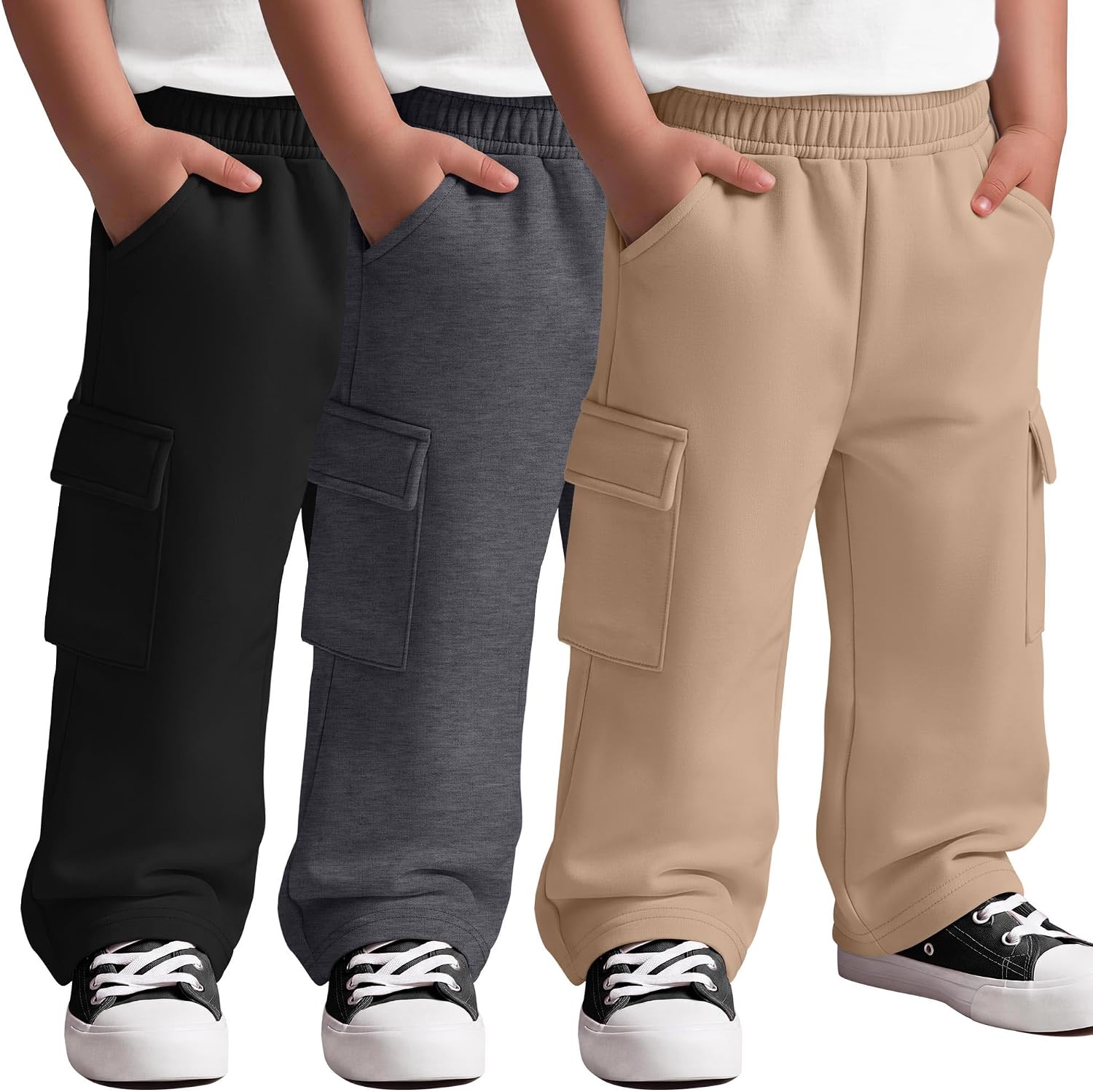 3 Pack Toddler Boy Sweatpants Baby Baggy Cargo Sweat Pants Open Bottom Athletic Pants Wide Leg Joggers with Pockets