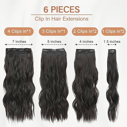 Miniatura 2 de Extensiones de cabello con clip, extensiones de cabello ondulado de 20 pulgadas de largo, 6 piezas de cabello castaño negro que se mezclan
