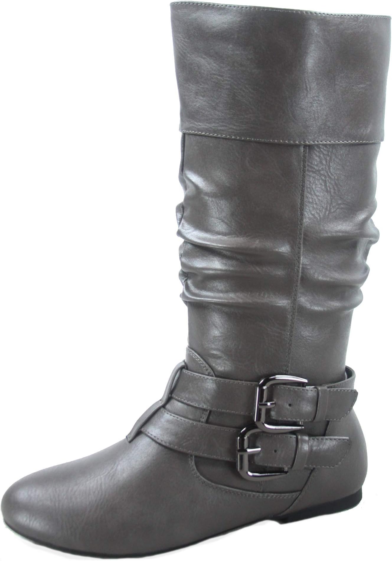 Sonny-54 Women's Stylish Round Toe Buckle Zipper Slouchy Mid-Calf Riding Boots Shoes