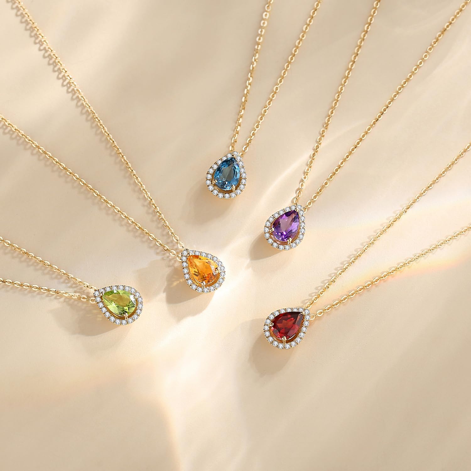 FANCIME 14K Yellow Gold Necklace Natural Gemstone Halo Teardrop Pendent with Moissanite, Fine Jewelry Wedding Gift for Women Her, 16" + 2" Extender - Image 6