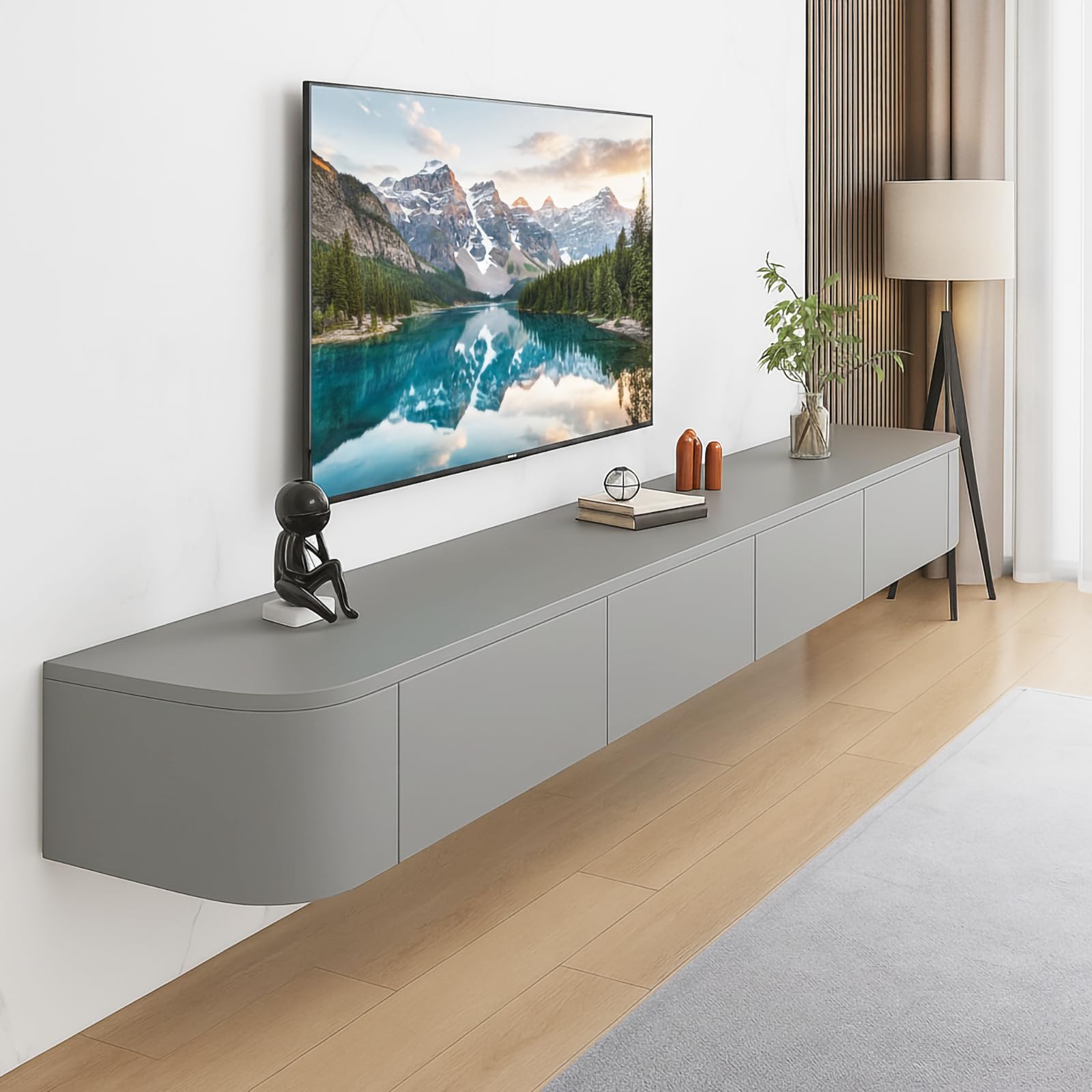 FGNIXLN Floating TV Unit,120-300CM Wall Mounted TV Cabinet, Floating TV Stand with Flip-Down Doors & Drawers, Modern TV Media Console Center Large Storage TV Bench(Gary,140CM)