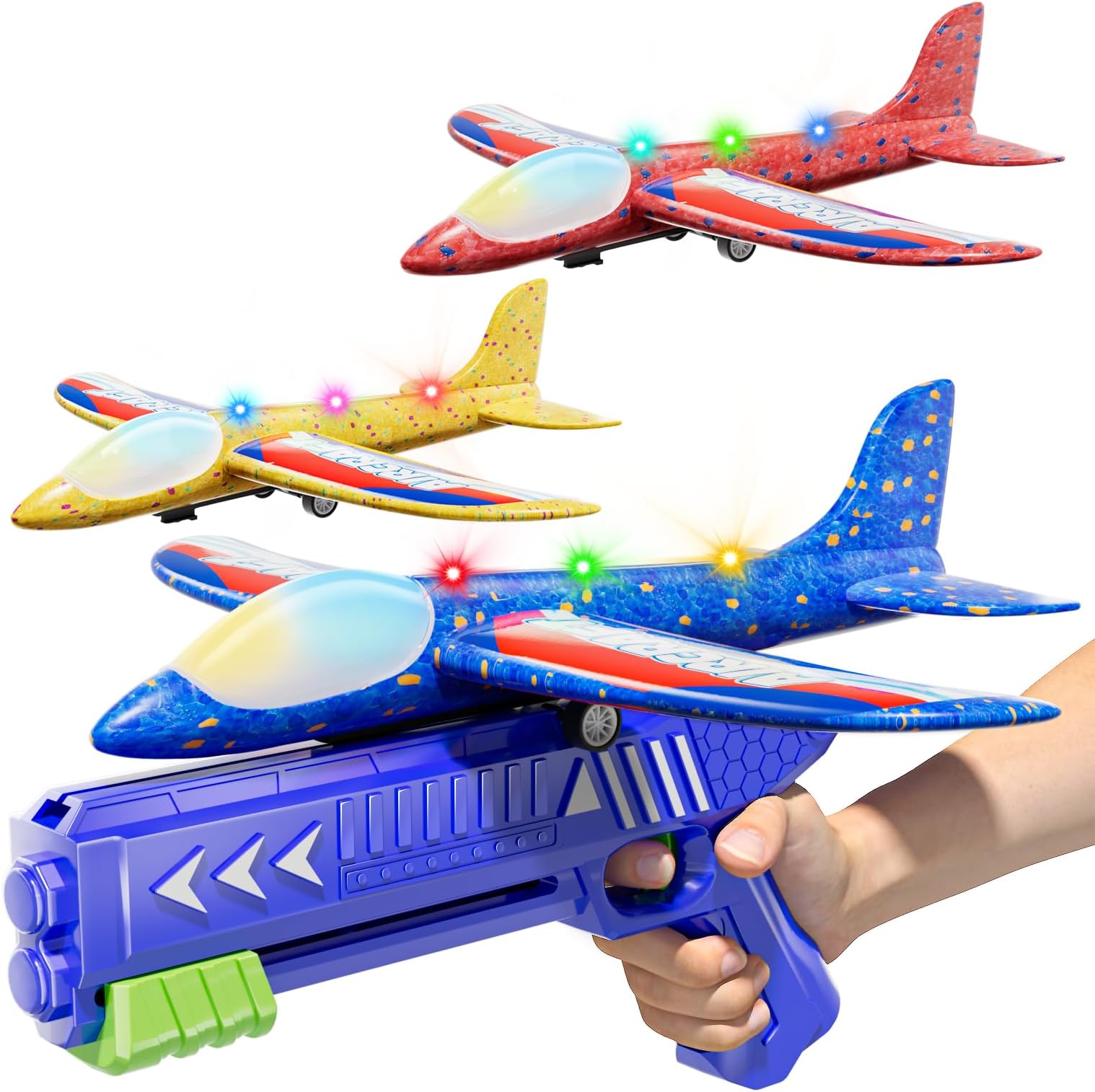 Doloowee 3 Pack Airplane Launcher Toys, 2 Flight Modes Foam Glider Airplane with Colorful Light, Kids Outdoor Flying Toys, Boys Toys for Ages 4-8, Gifts for 4-8 Years Old Boys Girls