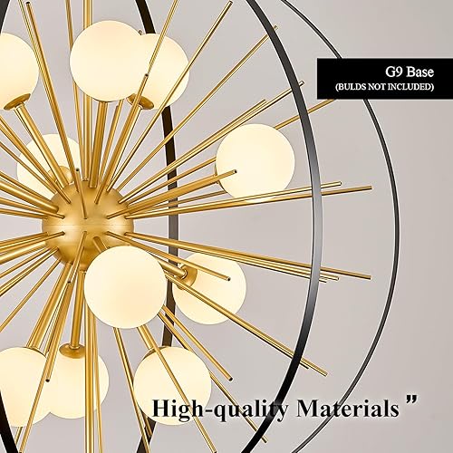 Miniatura 4 de Lámpara Sputnik moderna de 12 luces, color negro y dorado, de 31 pulgadas, colgante de techo de mediados de siglo, fuegos artificiales, globo con