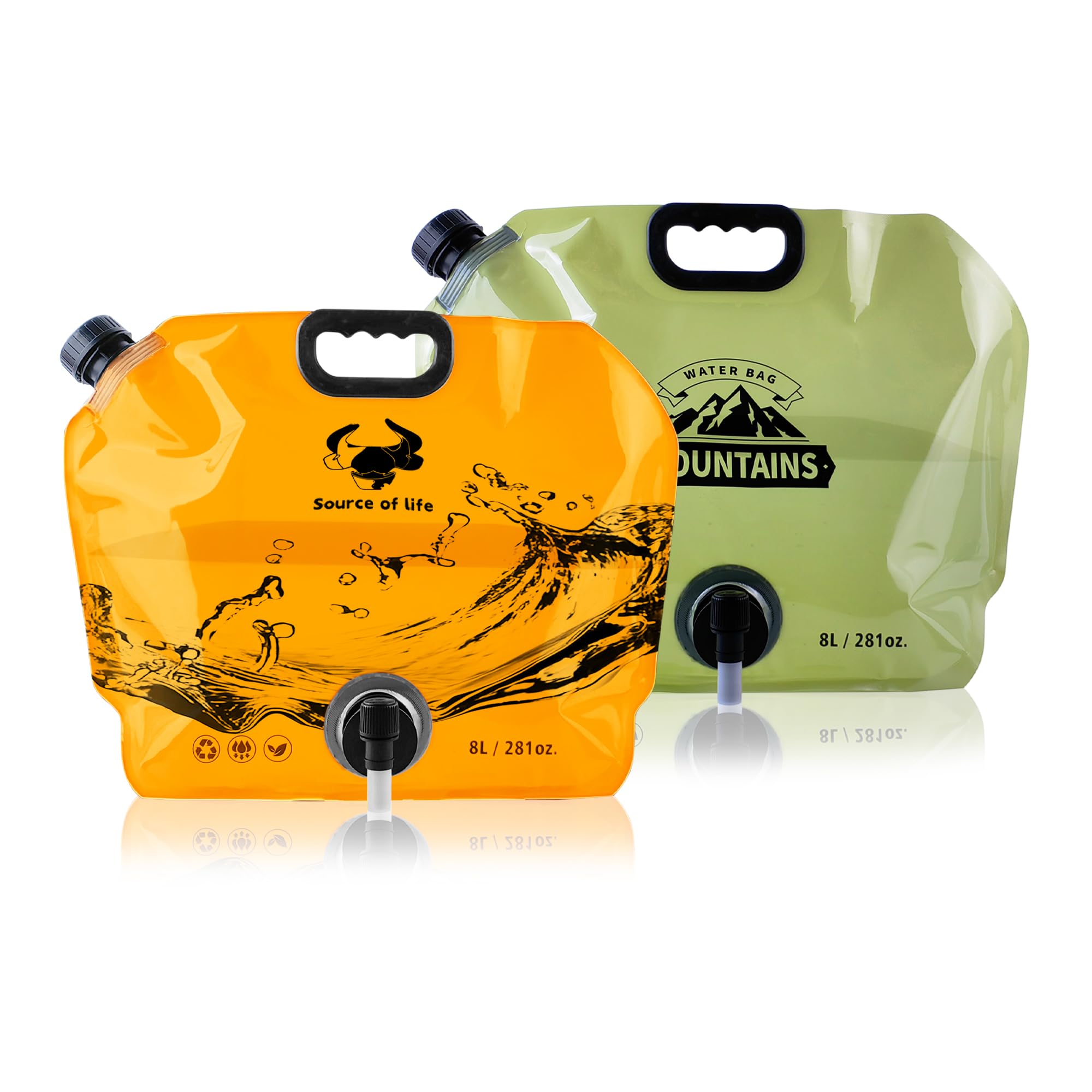 Water Jug Camping 2.1 Gallon Collapsible with Spigot, BPA Free Portable Water Pouch Foldable Water Bags for Outdoor Hiking, Travel and Emergency &amp; Water Storage Containers (Green_Orange-2Pcs)
