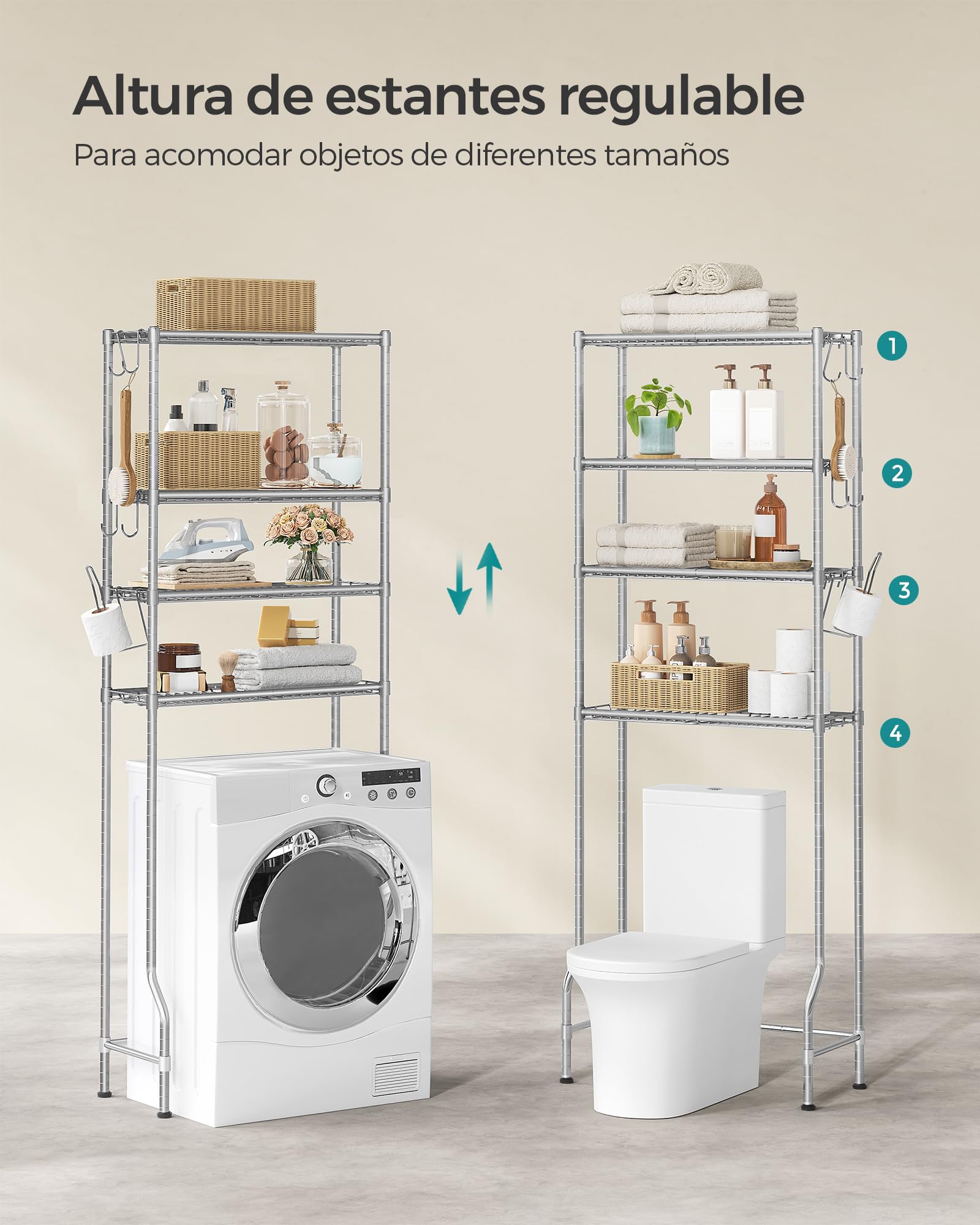 SONGMICS Estantería de Inodoro de 4 Estantes, de Metal | Estantes Ajustables, con 4 Ganchos y Portarrollos, para el Baño, 30 x 63 x 176 cm, Gris Paloma, Colección DALTEN BTS013G01